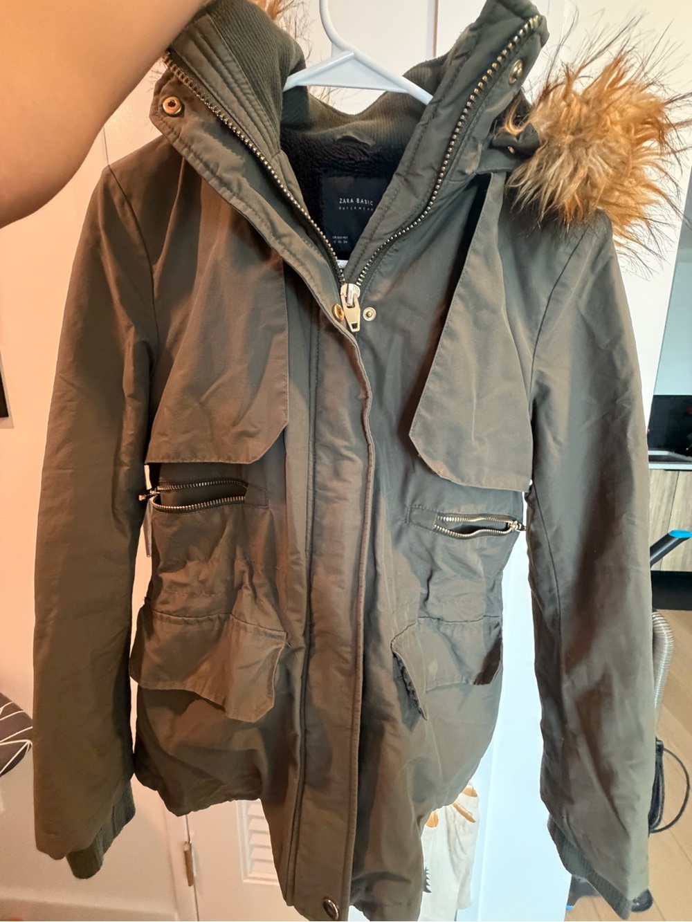 Zara Olive Utility Parka Jacket with Faux-Fur Trim